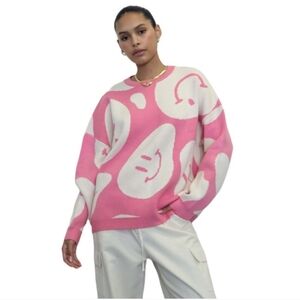 Cream Pink Swirly Smiley Face  Sweater Top